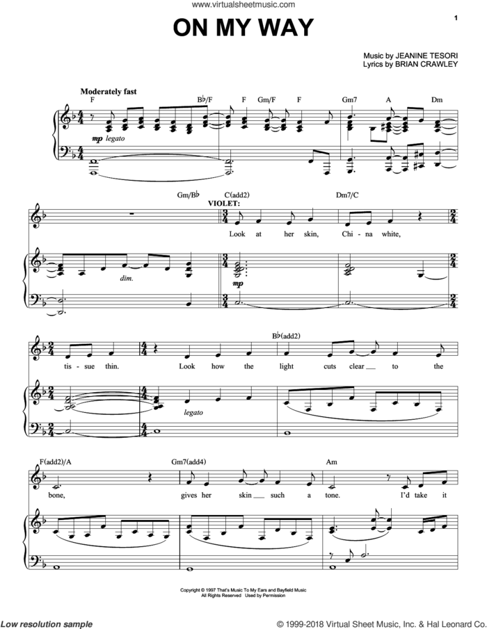 On My Way sheet music for voice and piano by Jeanine Tesori and Brian Crawley, intermediate skill level
