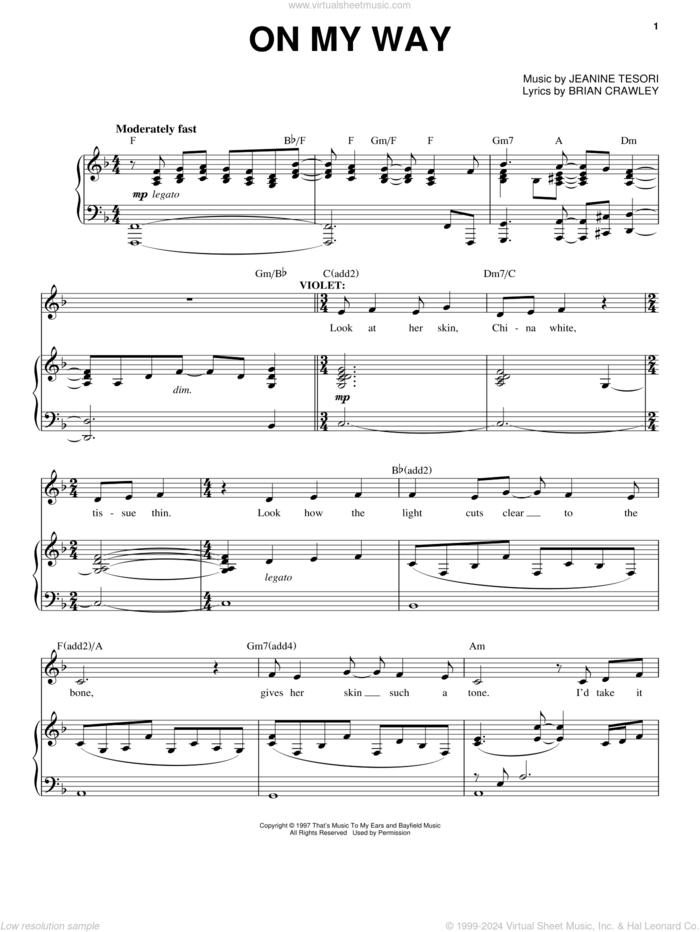 On My Way sheet music for voice and piano by Jeanine Tesori and Brian Crawley, intermediate skill level