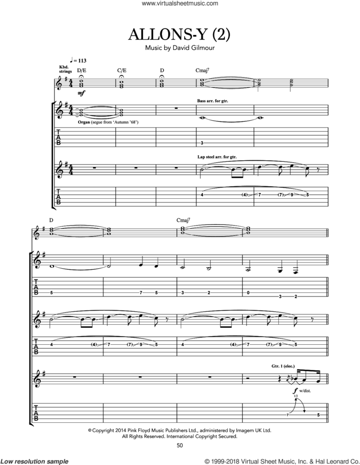 Allons Y (2) sheet music for guitar (tablature) by Pink Floyd and David Gilmour, intermediate skill level