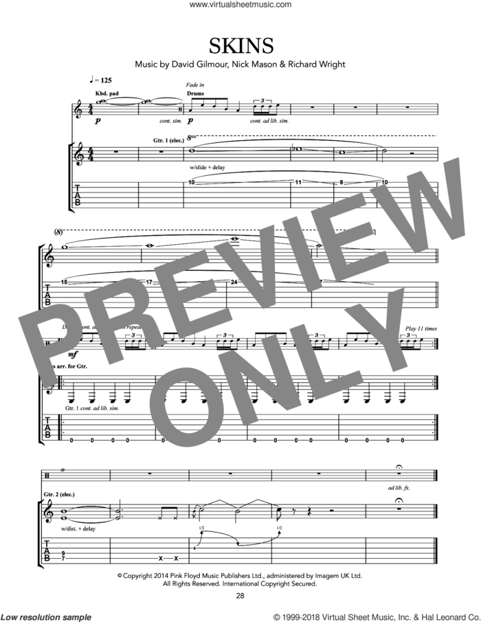 Skins sheet music for guitar (tablature) by Pink Floyd, David Gilmour, Nick Mason and Richard Wright, intermediate skill level