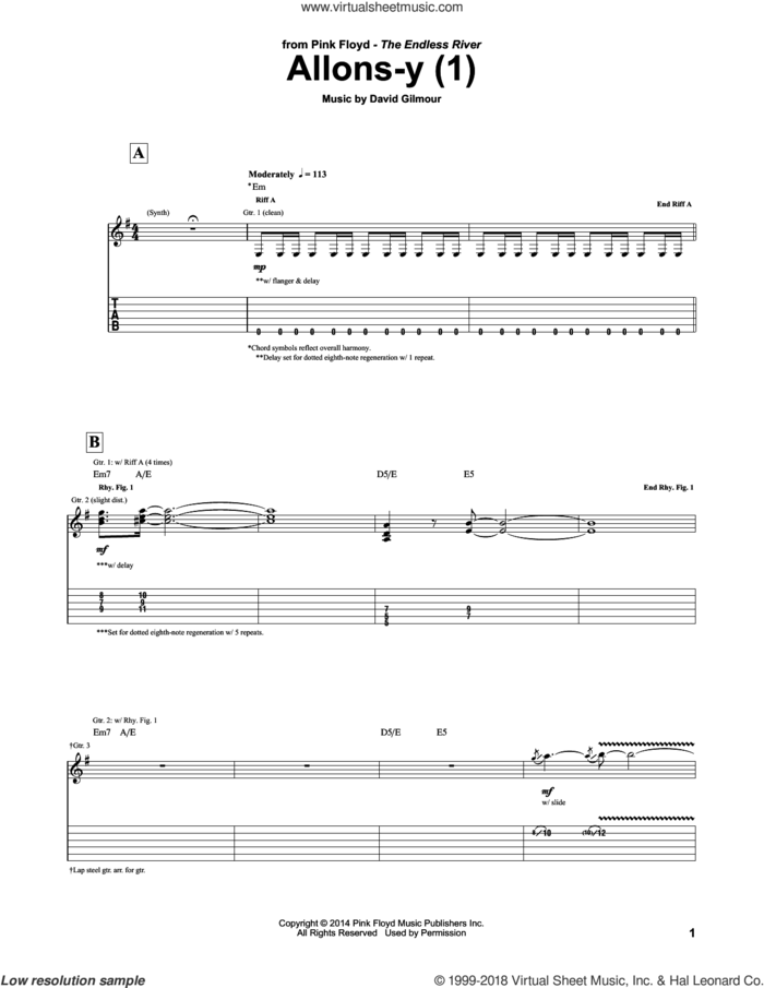 Allons Y (1) sheet music for guitar (tablature) by Pink Floyd and David Gilmour, intermediate skill level