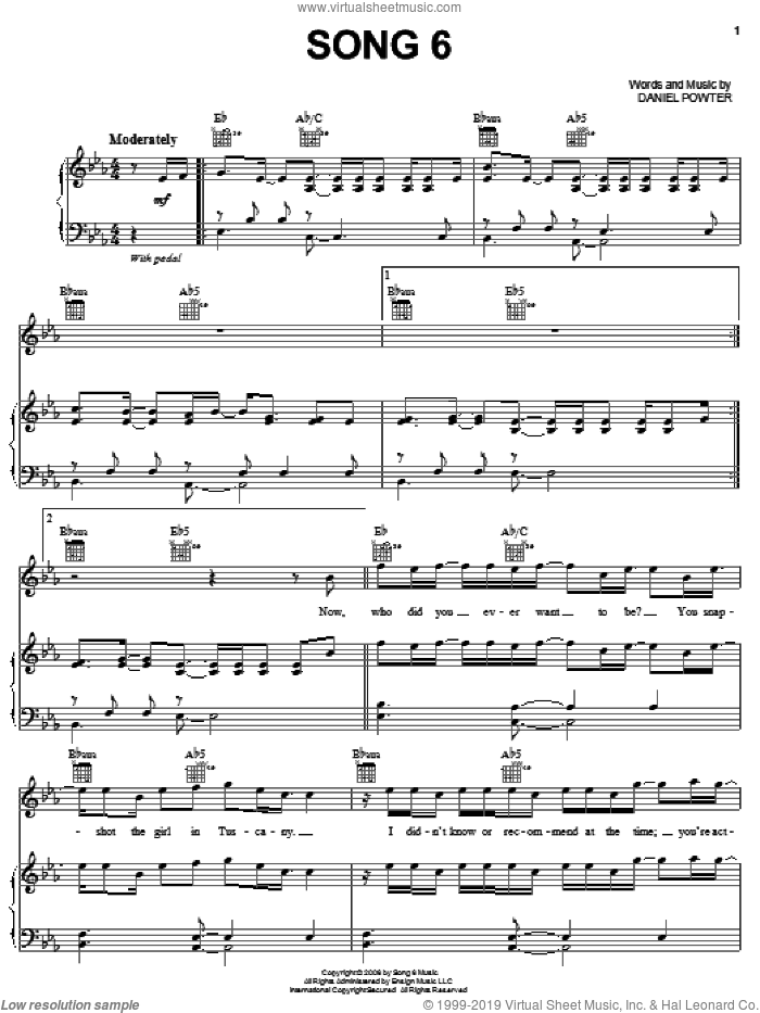 Song 6 sheet music for voice, piano or guitar by Daniel Powter, intermediate skill level