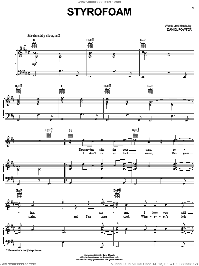 Styrofoam sheet music for voice, piano or guitar by Daniel Powter, intermediate skill level