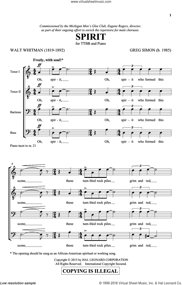 Spirit sheet music for choir (TTBB: tenor, bass) by Greg Simon and Walt Whitman, intermediate skill level