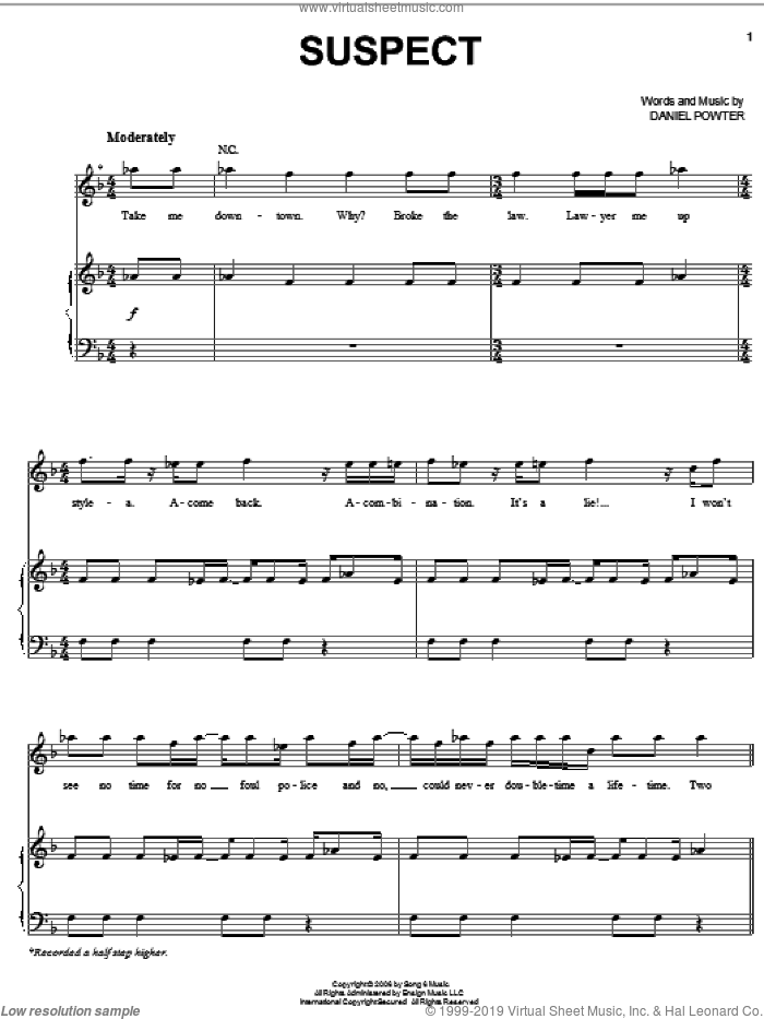Suspect sheet music for voice, piano or guitar by Daniel Powter, intermediate skill level