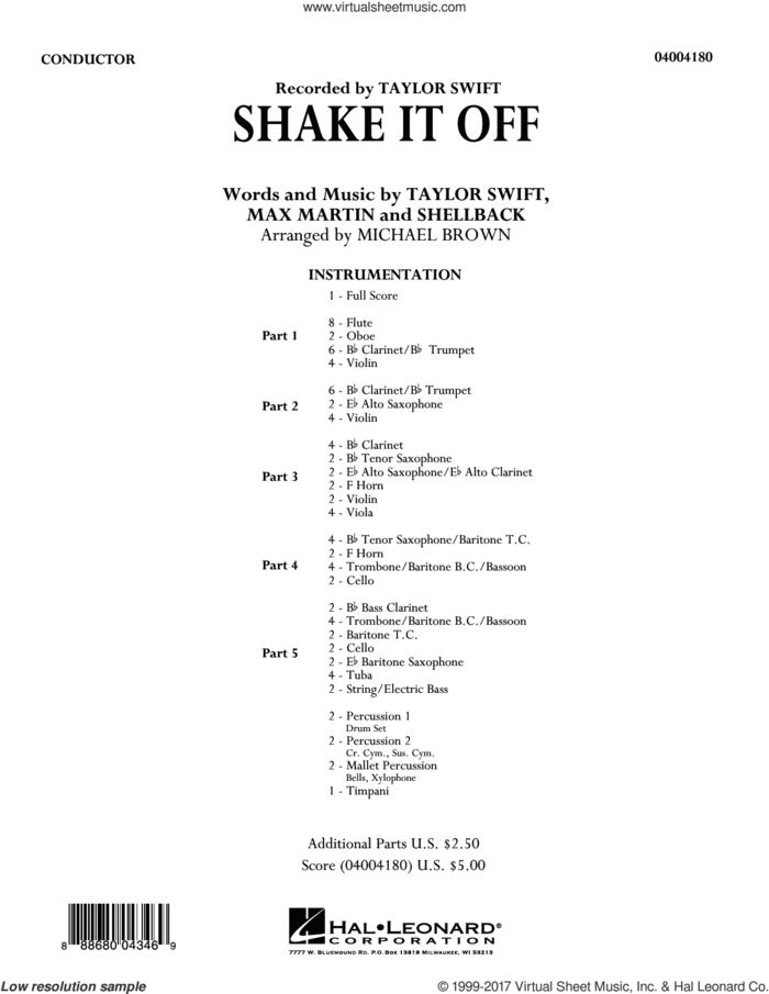 Shake It Off (COMPLETE) sheet music for concert band by Taylor Swift, Johan Schuster, Max Martin, Michael Brown and Shellback, intermediate skill level