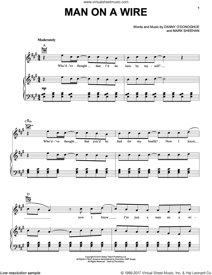 Man On A Wire sheet music for voice, piano or guitar by The Script and Mark Sheehan, intermediate skill level