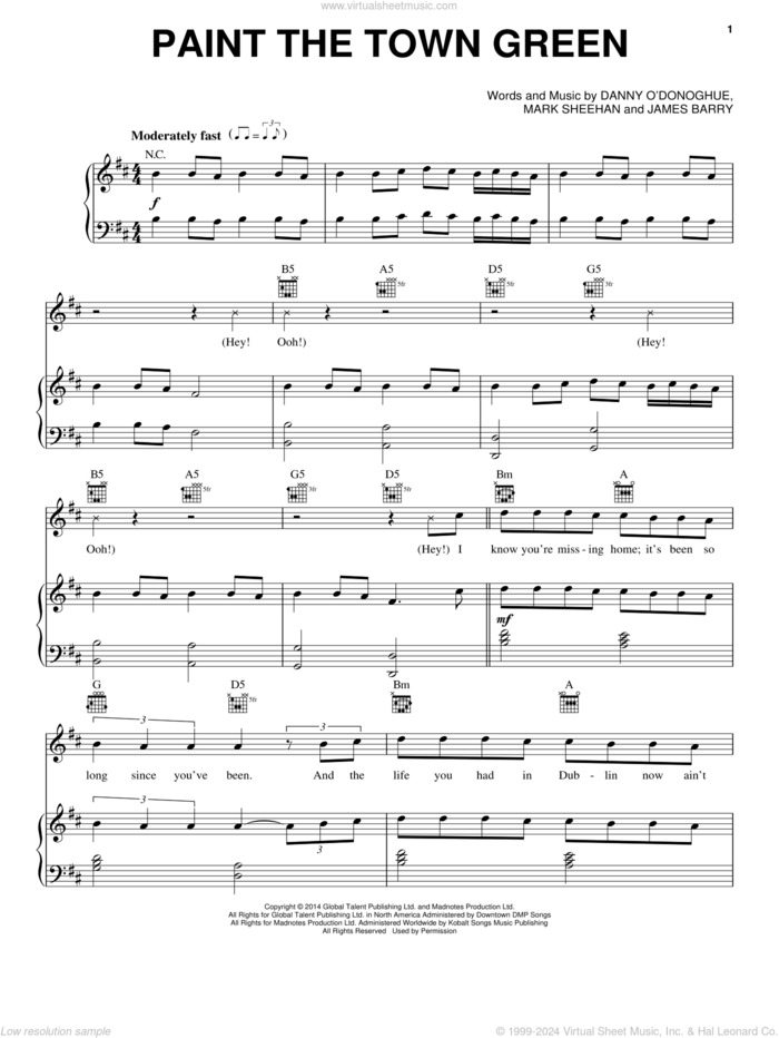 Paint The Town Green sheet music for voice, piano or guitar by The Script, James Barry and Mark Sheehan, intermediate skill level
