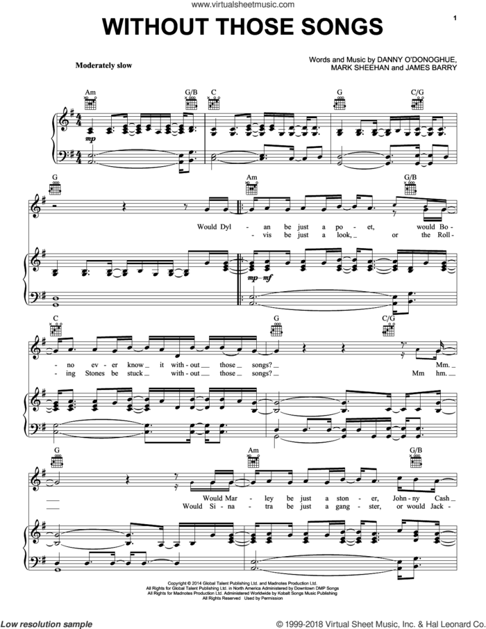 Without Those Songs sheet music for voice, piano or guitar by The Script, James Barry and Mark Sheehan, intermediate skill level