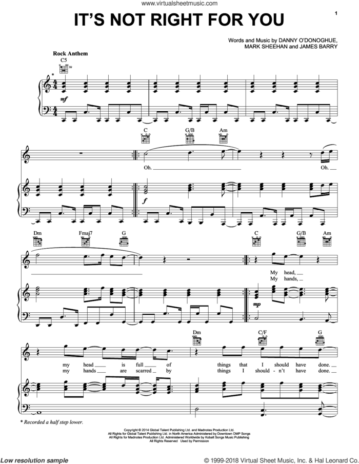 It's Not Right For You sheet music for voice, piano or guitar by The Script, James Barry and Mark Sheehan, intermediate skill level