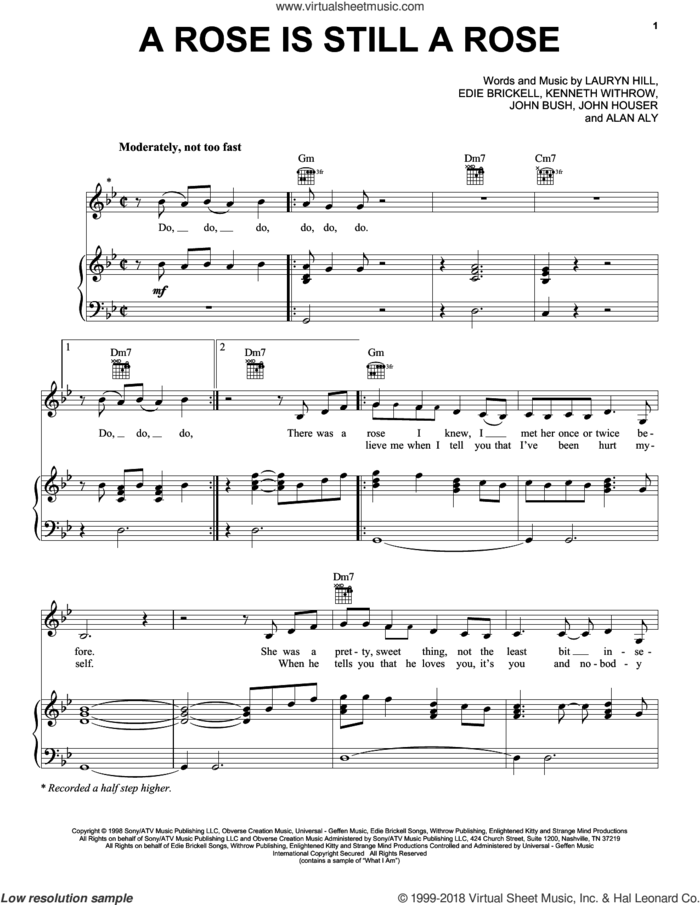 A Rose Is Still A Rose sheet music for voice, piano or guitar by Aretha Franklin, Alan Aly, Edie Brickell, John Bush, John Houser, Kenneth Withrow and Lauryn Hill, intermediate skill level