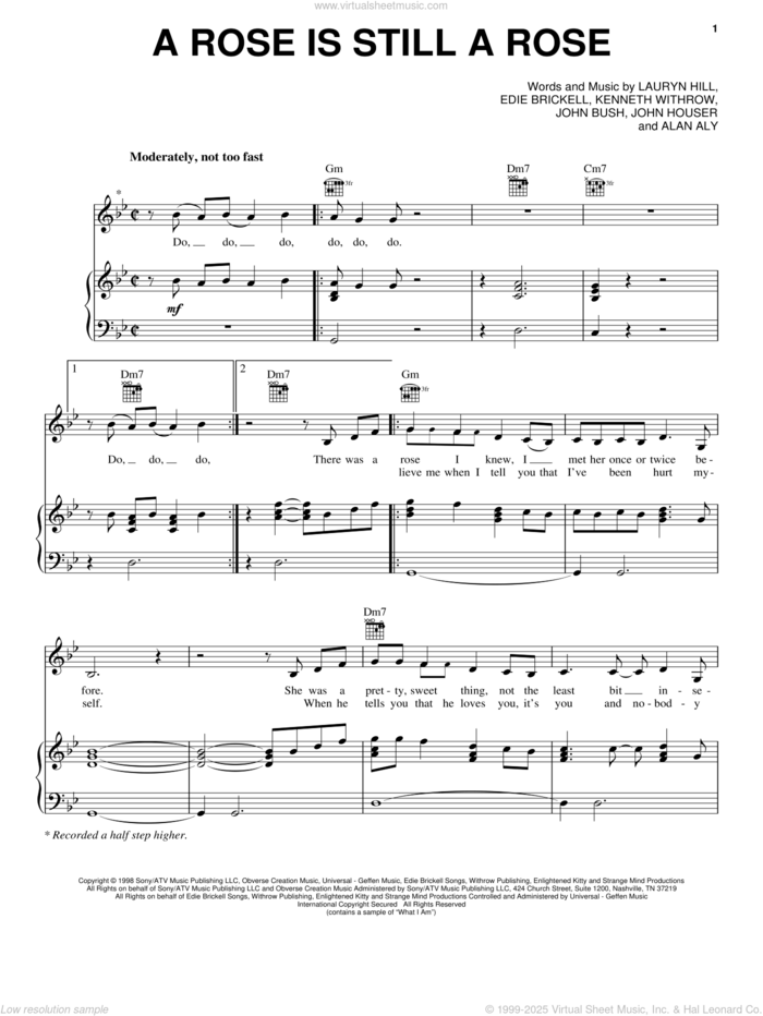 A Rose Is Still A Rose sheet music for voice, piano or guitar by Aretha Franklin, Alan Aly, Edie Brickell, John Bush, John Houser, Kenneth Withrow and Lauryn Hill, intermediate skill level