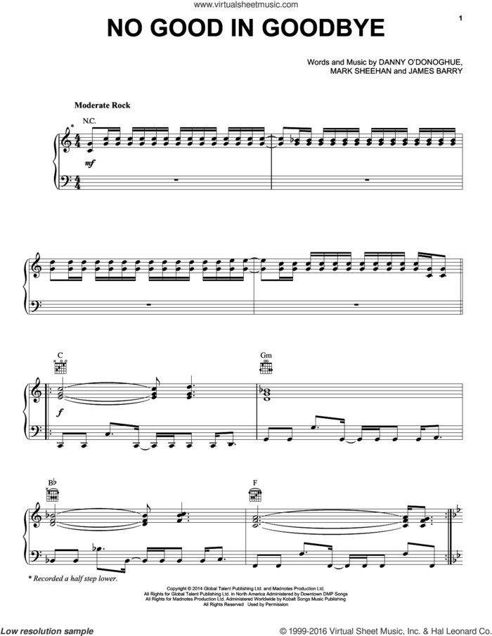 No Good In Goodbye sheet music for voice, piano or guitar by The Script, James Barry and Mark Sheehan, intermediate skill level