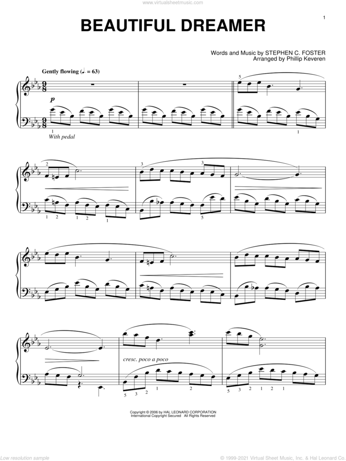 Beautiful Dreamer (arr. Phillip Keveren), (intermediate) sheet music for piano solo by Stephen Foster and Phillip Keveren, intermediate skill level