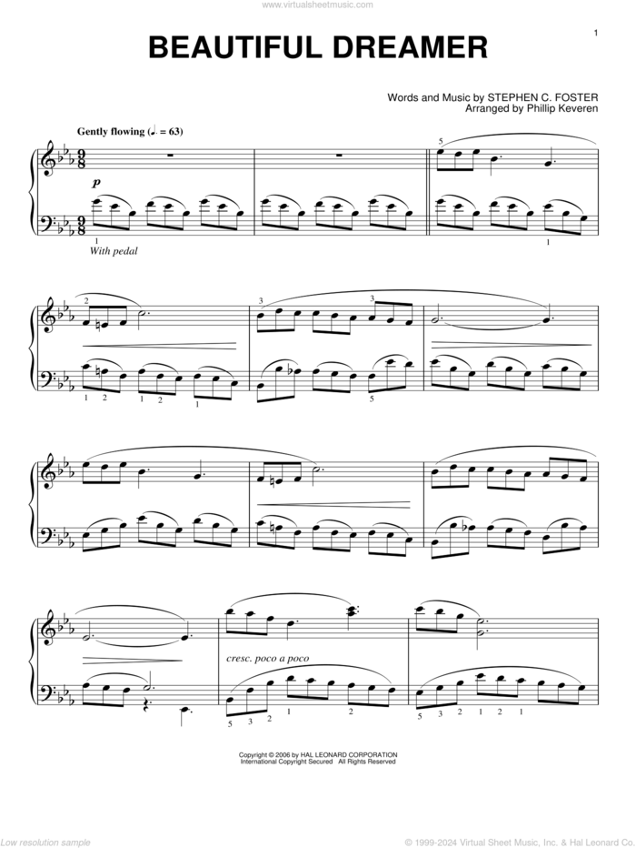 Beautiful Dreamer (arr. Phillip Keveren), (intermediate) sheet music for piano solo by Stephen Foster and Phillip Keveren, intermediate skill level