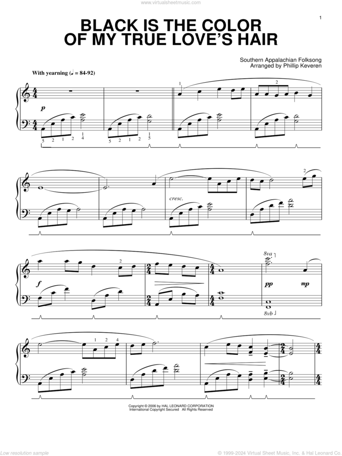 Black Is the Color Of My True Love's Hair (arr. Phillip Keveren) sheet music for piano solo  and Phillip Keveren, intermediate skill level