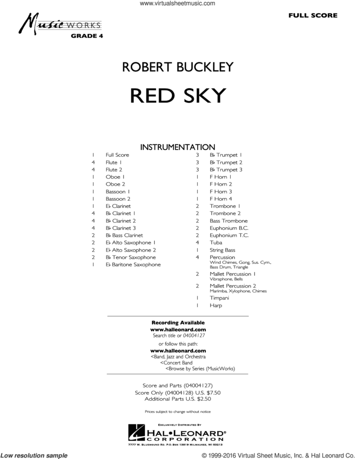 Red Sky (Digital Only) sheet music for concert band (full score) by Robert Buckley, intermediate skill level