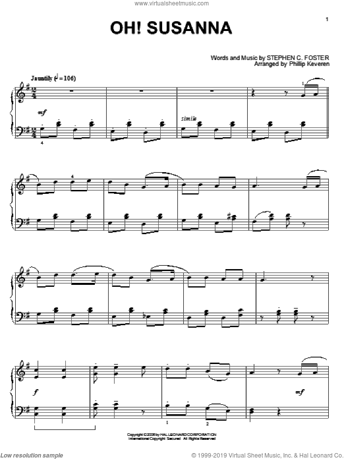 Oh! Susanna (arr. Phillip Keveren) sheet music for piano solo by Stephen Foster and Phillip Keveren, intermediate skill level