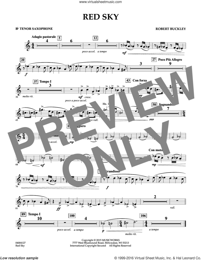 Red Sky (Digital Only) sheet music for concert band (Bb tenor saxophone) by Robert Buckley, intermediate skill level