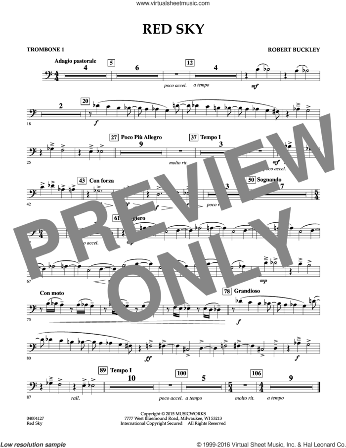 Red Sky (Digital Only) sheet music for concert band (trombone 1) by Robert Buckley, intermediate skill level