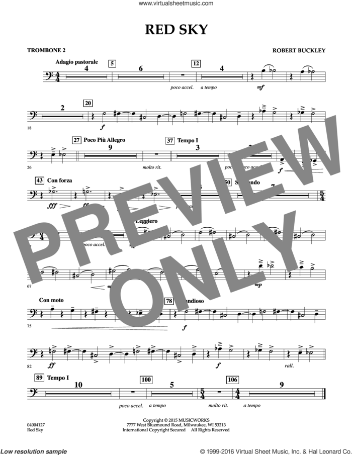 Red Sky (Digital Only) sheet music for concert band (trombone 2) by Robert Buckley, intermediate skill level
