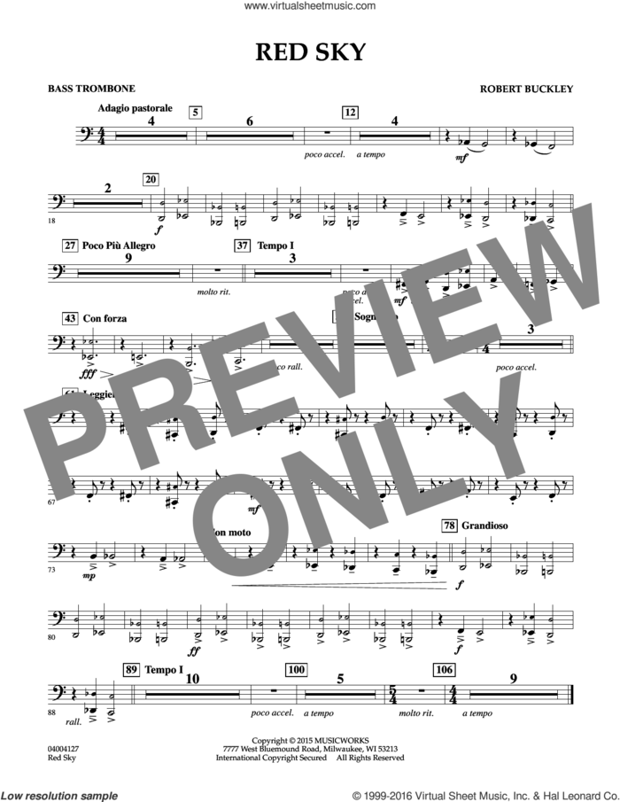 Red Sky (Digital Only) sheet music for concert band (bass trombone) by Robert Buckley, intermediate skill level