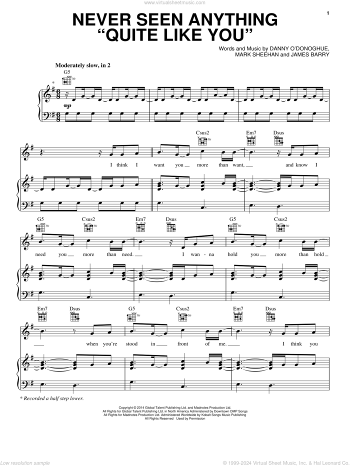 Never Seen Anything 'Quite Like You' sheet music for voice, piano or guitar by The Script, James Barry and Mark Sheehan, intermediate skill level
