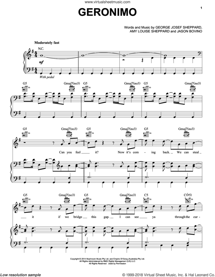Geronimo sheet music for voice, piano or guitar by Sheppard, Amy Louise Sheppard, George Josef Sheppard and Jason Bovino, intermediate skill level