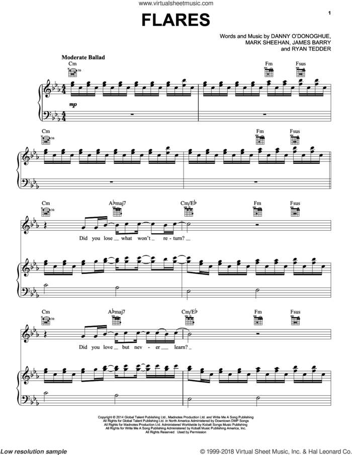 Flares sheet music for voice, piano or guitar by The Script, James Barry, Mark Sheehan and Ryan Tedder, intermediate skill level