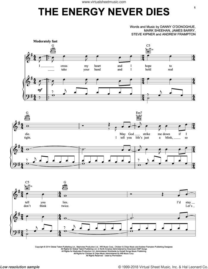 The Energy Never Dies sheet music for voice, piano or guitar by The Script, Andrew Frampton, James Barry, Mark Sheehan and Steve Kipner, intermediate skill level