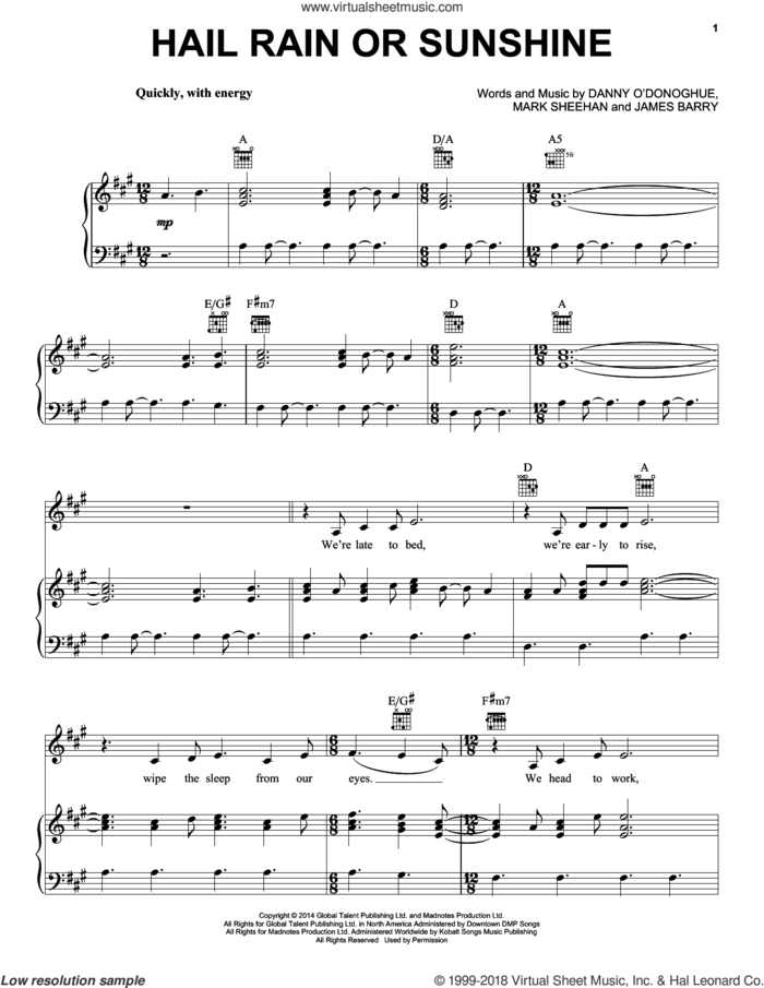 Hail Rain Or Sunshine sheet music for voice, piano or guitar by The Script, James Barry and Mark Sheehan, intermediate skill level