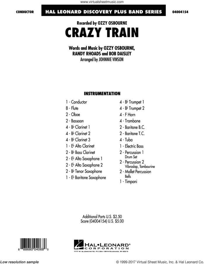 Crazy Train (COMPLETE) sheet music for concert band by Johnnie Vinson, Bob Daisley, Ozzy Osbourne and Randy Rhoads, intermediate skill level