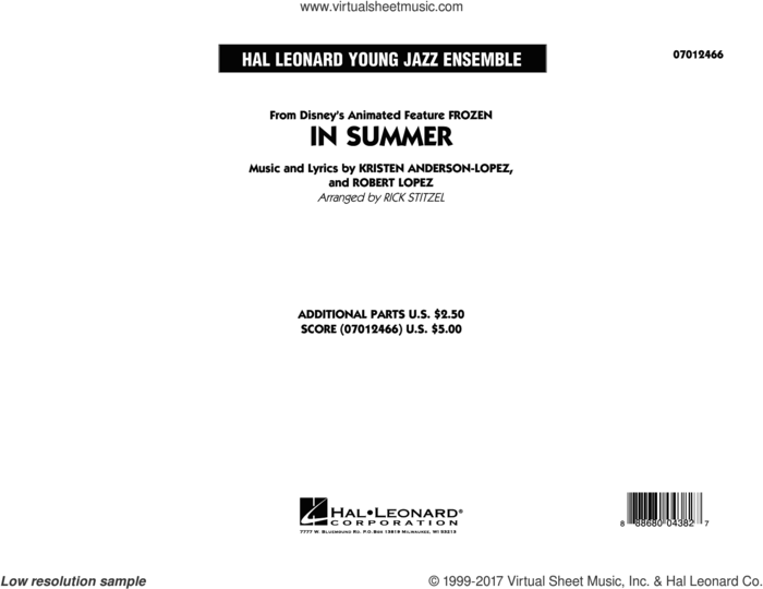 In Summer (from Frozen) (COMPLETE) sheet music for jazz band by Robert Lopez, Kristen Anderson-Lopez and Rick Stitzel, intermediate skill level