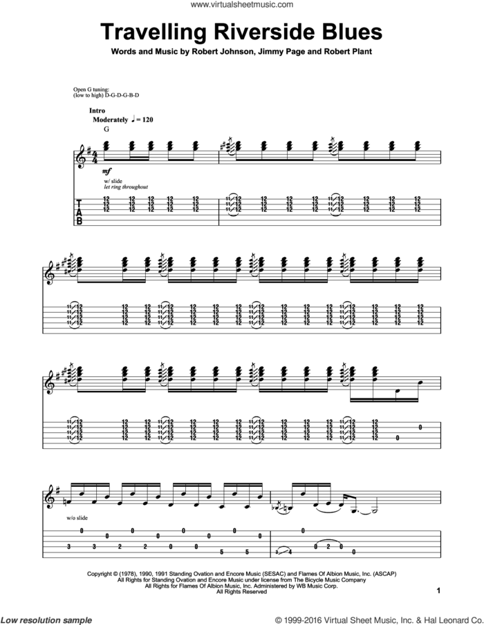 Travelling Riverside Blues sheet music for guitar (tablature, play-along) by Robert Johnson, Led Zeppelin, Jimmy Page and Robert Plant, intermediate skill level