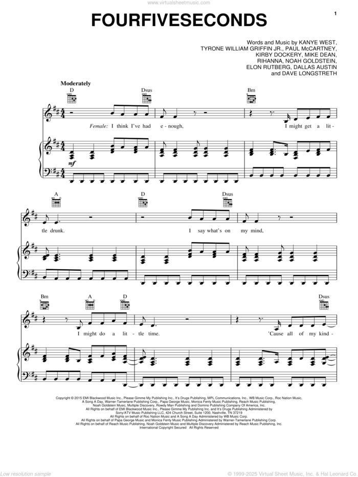 FourFiveSeconds sheet music for voice, piano or guitar by Rihanna & Kanye West & Paul McCartney, Rihanna, Dallas Austin, Dave Longstreth, Elon Rutberg, Kanye West, Kirby Lauryen, Mike Dean, Noah Goldstein, Paul McCartney and Tyrone William Griffin Jr., intermediate skill level