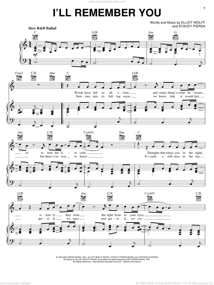 I'll Remember You sheet music for voice, piano or guitar by Atlantic Starr, Elliot Wolff and Stacey Piersa, intermediate skill level