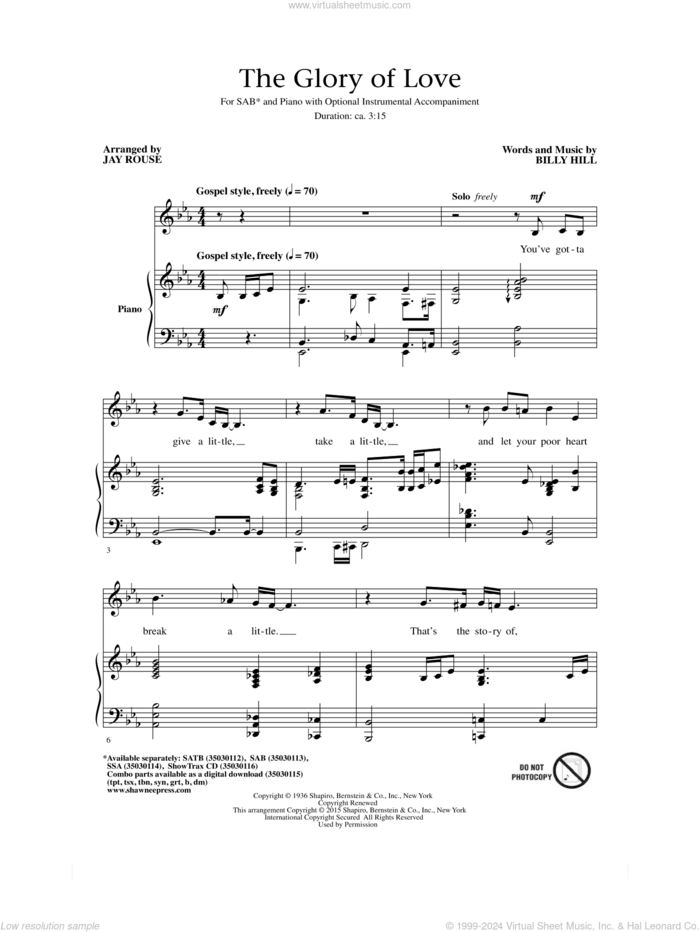 The Glory Of Love sheet music for choir (SAB: soprano, alto, bass) by Billy Hill, Jay Rouse, Count Basie, Jimmy Durante, Peggy Lee and The Platters, intermediate skill level