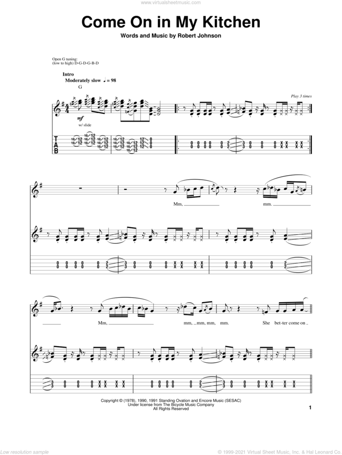 Come On In My Kitchen sheet music for guitar (tablature, play-along) by Robert Johnson, intermediate skill level
