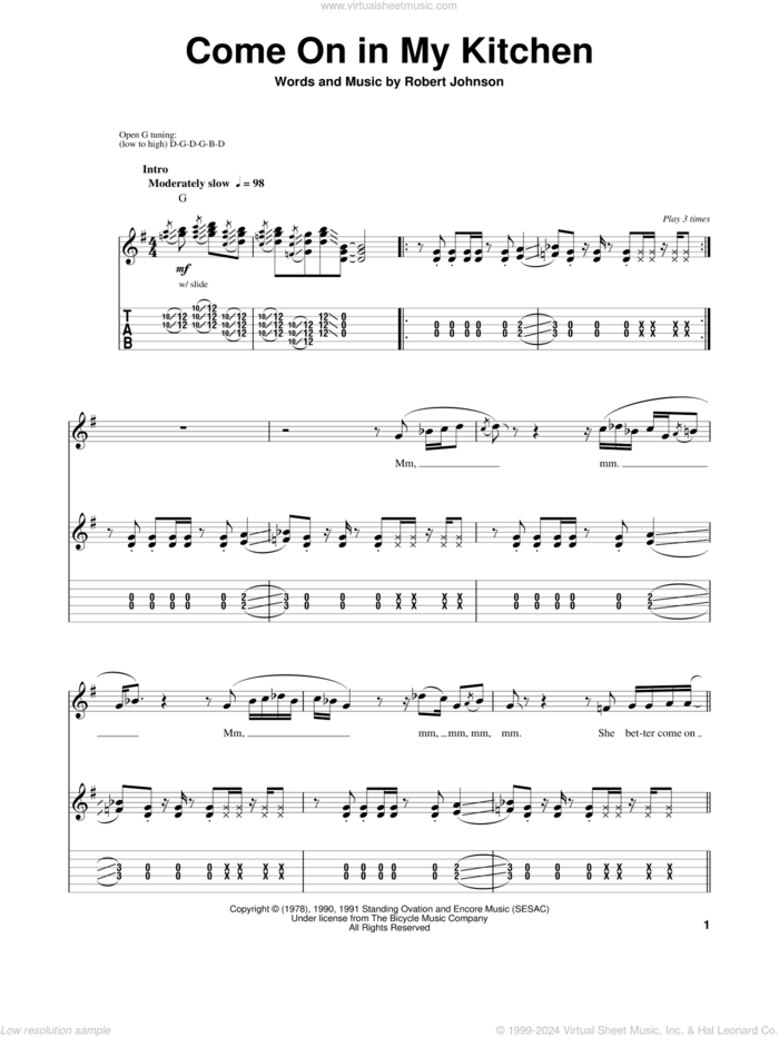 Come On In My Kitchen sheet music for guitar (tablature, play-along) by Robert Johnson, intermediate skill level