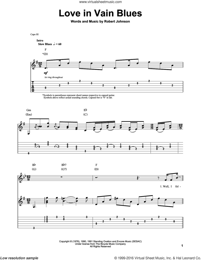 Love In Vain Blues sheet music for guitar (tablature, play-along) by Robert Johnson, intermediate skill level