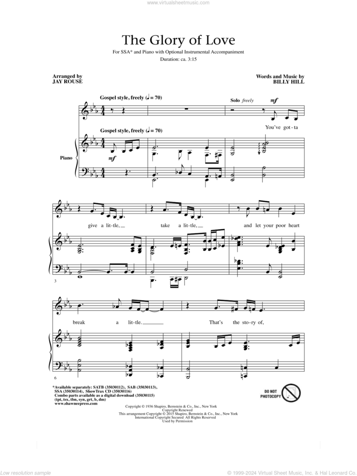 The Glory Of Love sheet music for choir (SSA: soprano, alto) by Billy Hill, Jay Rouse, Count Basie, Jimmy Durante, Peggy Lee and The Platters, intermediate skill level