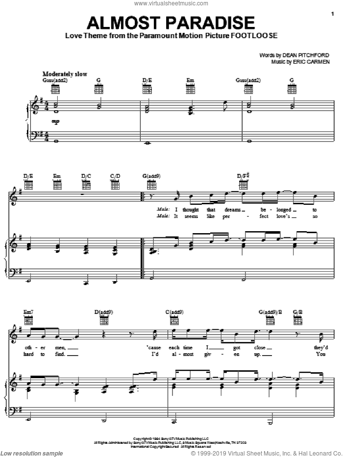 Almost Paradise sheet music for voice, piano or guitar by Ann Wilson & Mike Reno, Ann Wilson, Footloose (Movie), Footloose (Musical), Mike Reno, Dean Pitchford and Eric Carmen, wedding score, intermediate skill level