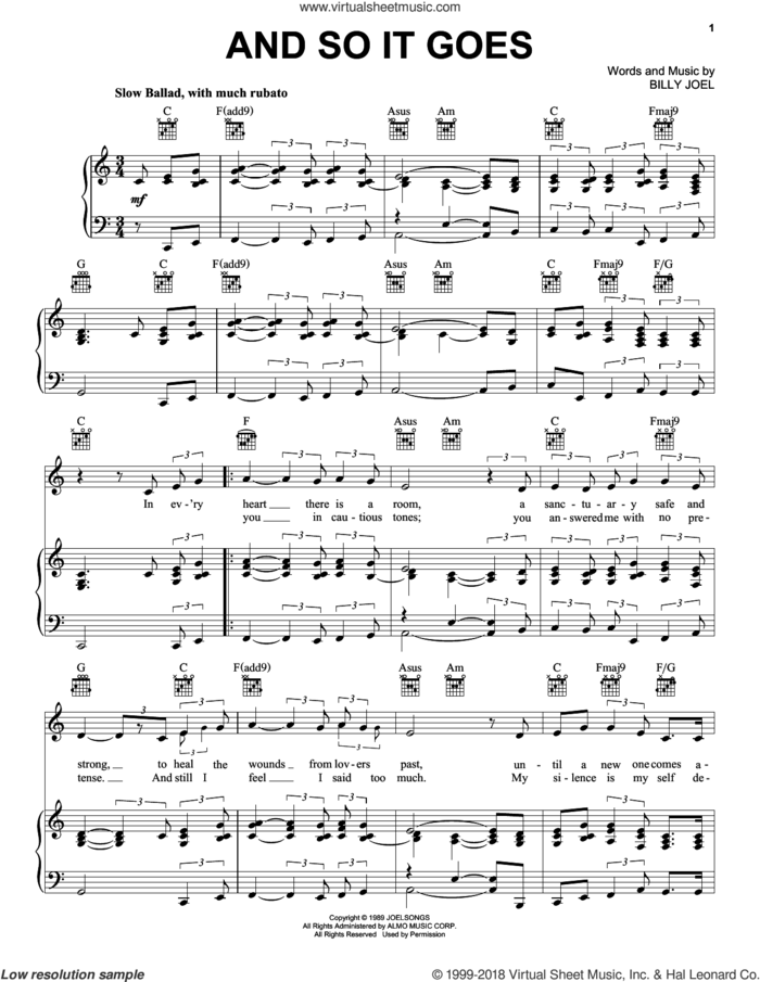 And So It Goes sheet music for voice, piano or guitar by Billy Joel, wedding score, intermediate skill level
