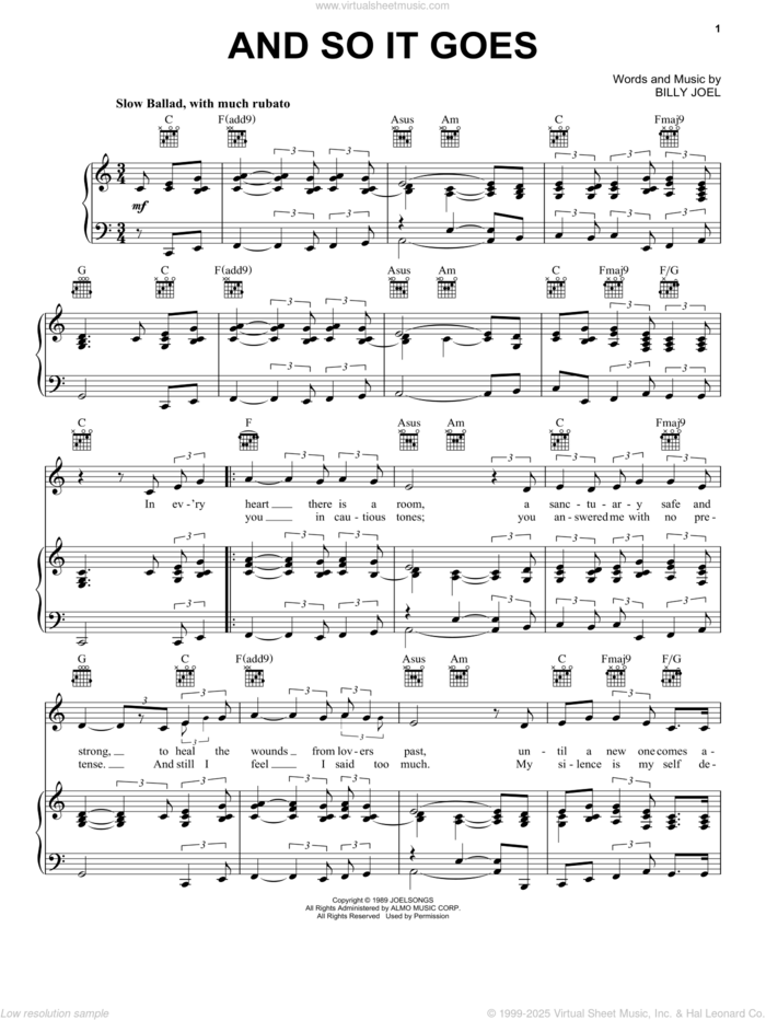 And So It Goes sheet music for voice, piano or guitar by Billy Joel, wedding score, intermediate skill level