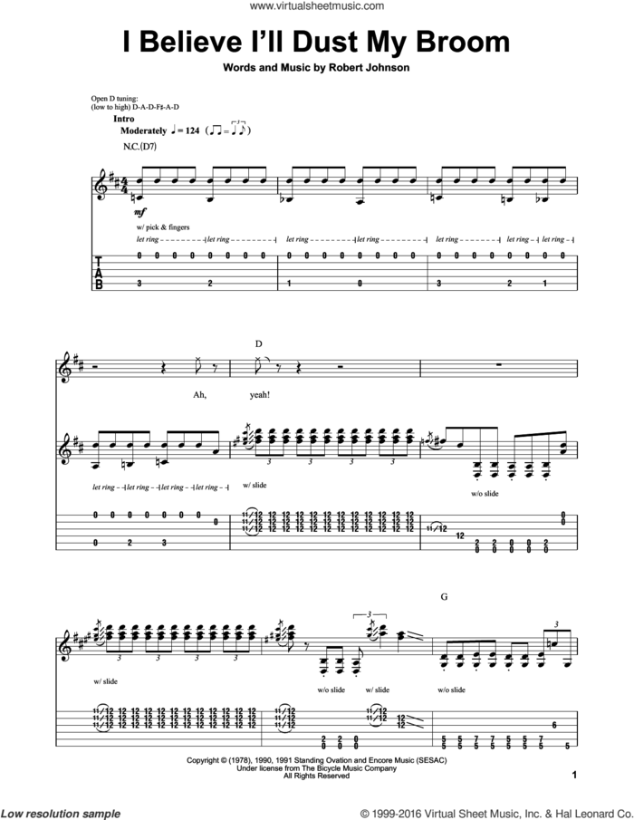 I Believe I'll Dust My Broom sheet music for guitar (tablature, play-along) by Robert Johnson, intermediate skill level