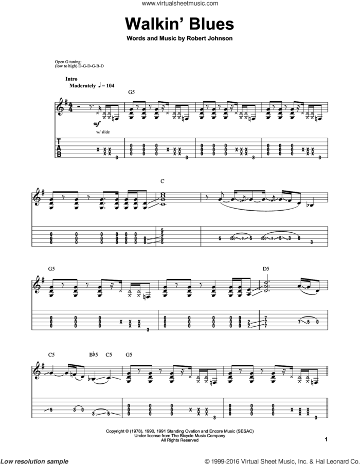 Walkin' Blues sheet music for guitar (tablature, play-along) by Robert Johnson, intermediate skill level