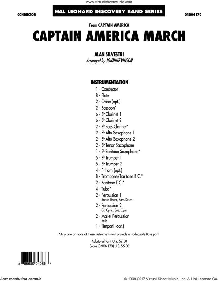 Captain America March (COMPLETE) sheet music for concert band by Johnnie Vinson and Alan Silvestri, intermediate skill level