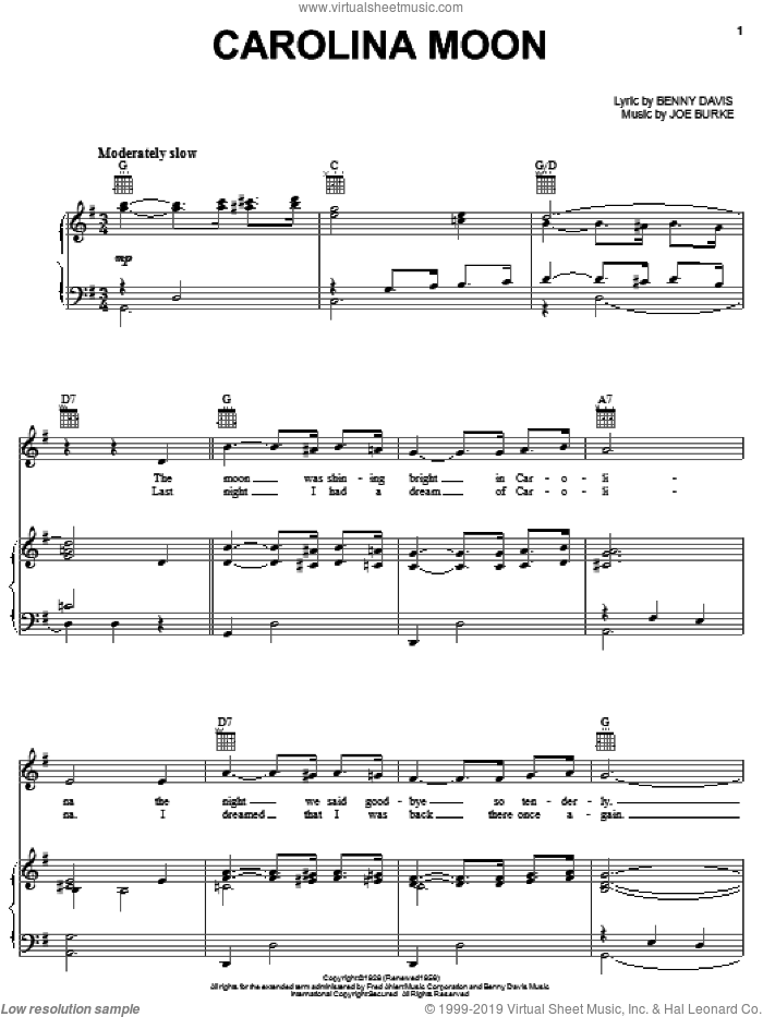 Carolina Moon sheet music for voice, piano or guitar by Dean Martin, Perry Como, Benny Davis and Joe Burke, intermediate skill level