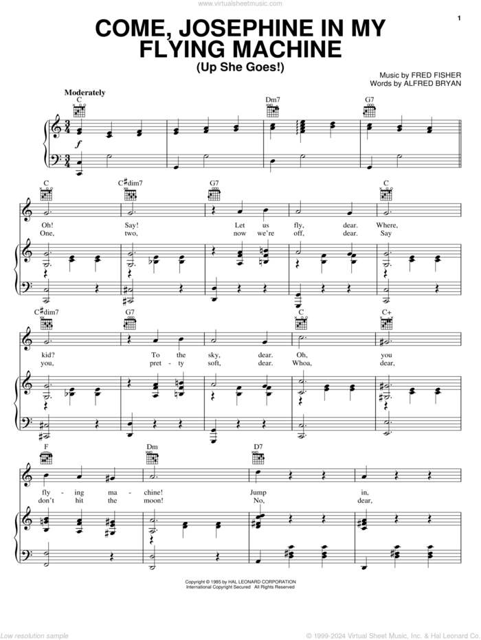 Come, Josephine In My Flying Machine (Up She Goes!) sheet music for voice, piano or guitar by Spike Jones, Alfred Bryan and Fred Fisher, intermediate skill level