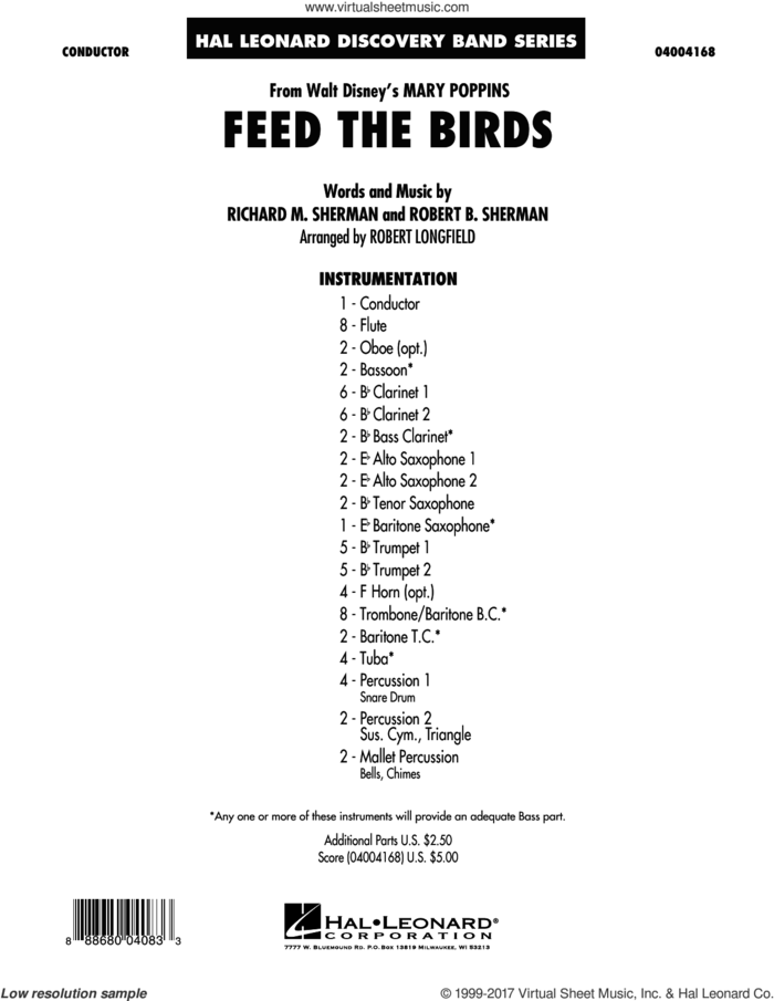 Feed the Birds (from Mary Poppins) (COMPLETE) sheet music for concert band by Robert Longfield, Richard M. Sherman and Robert B. Sherman, intermediate skill level